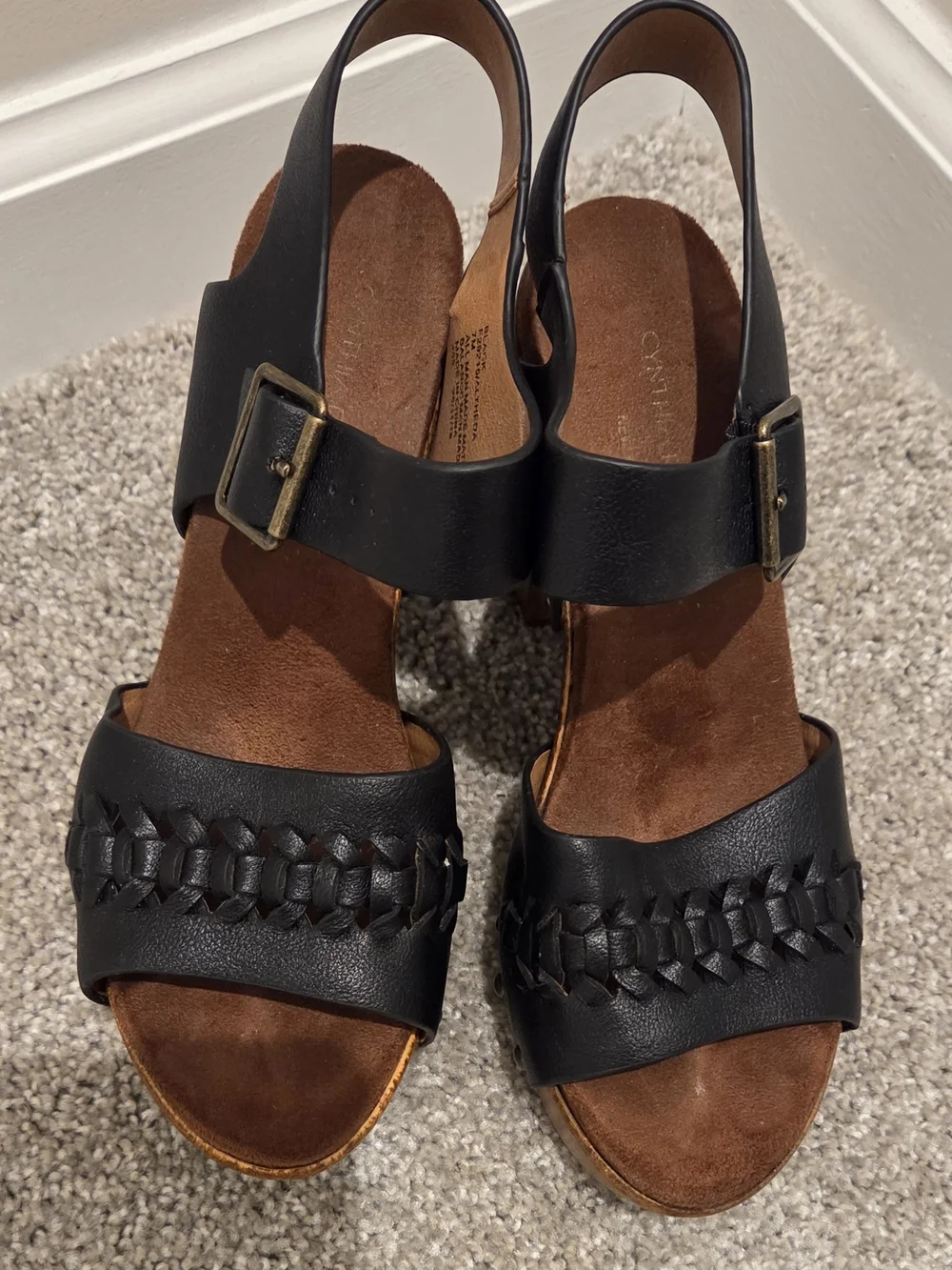 Cynthia Rowley Black Leather Platform Sandals with Wood Block Heel - Picture 3 of 5